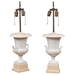 Pair of Neoclassical Style White Porcelain Urns, Wired as Lamps, 19th Century