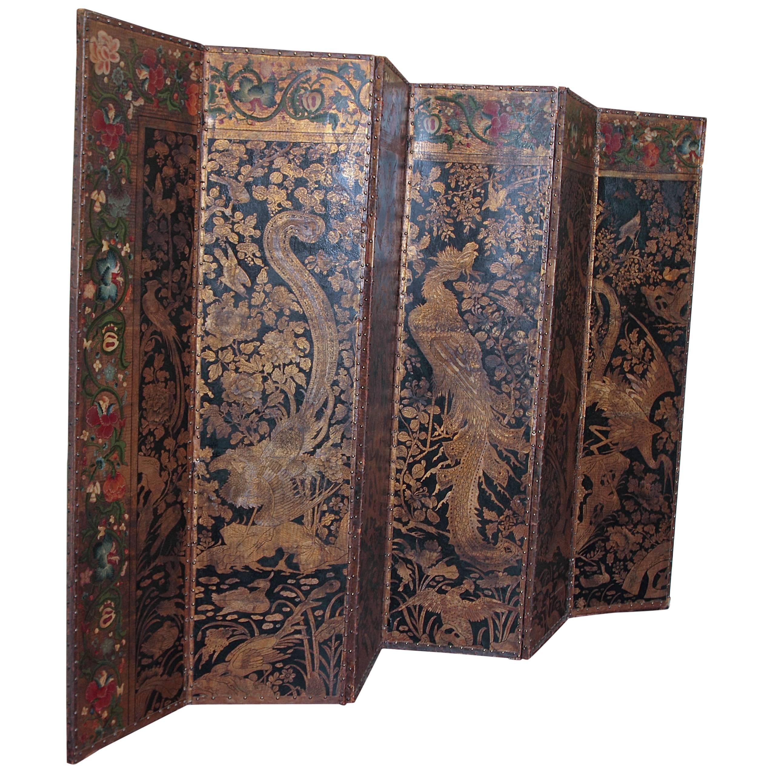 Chinoiserie Embossed and Painted Leather Floor Screen For Sale