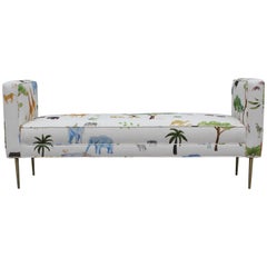 Modern Custom Made Two Armed Bench with Brass Legs in Jungle Animal Print