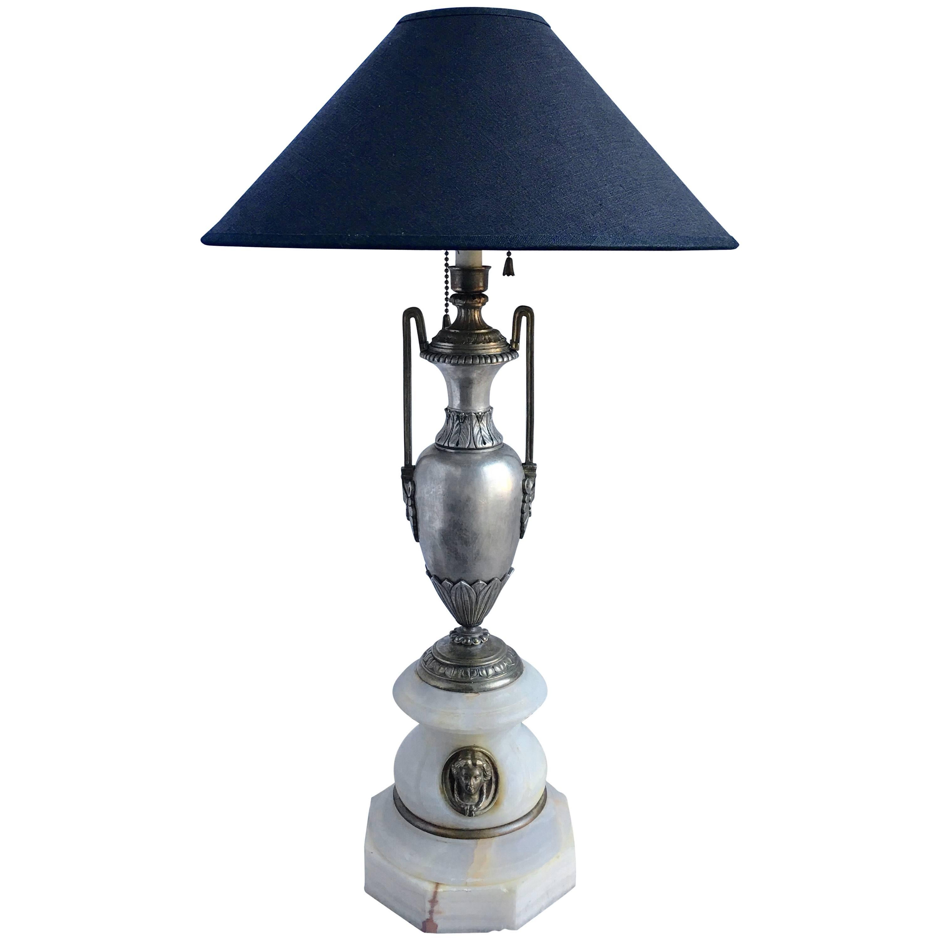French Marble and Metal Urn Table Lamp with Figural Bust For Sale