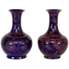 Pair of Indigo Blue Chinese Butterfly Vases