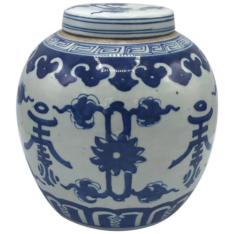 19th Century Blue And White Ginger Jar With Ornate Symbol Motif 19th Century Blue And White Ginger Jar With Ornate Symbol Motif