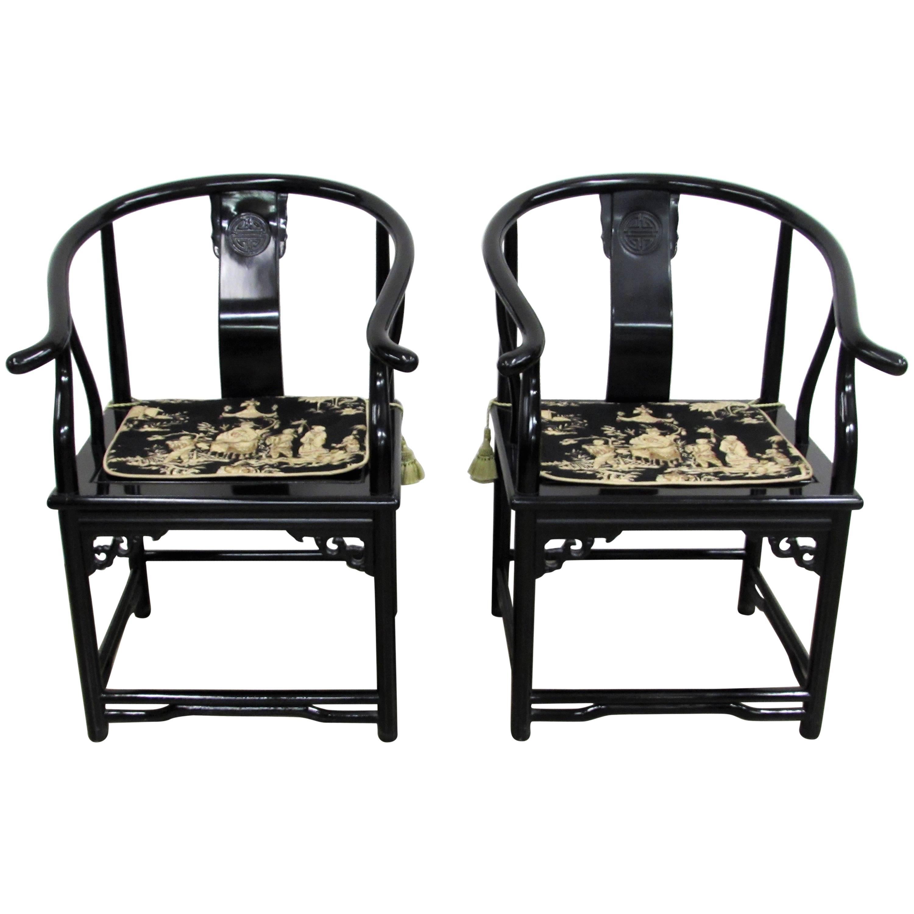 Black Lacquer Asian Horseshoe Arm Chairs, Pair For Sale