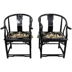 Black Lacquer Asian Horseshoe Arm Chairs, Pair