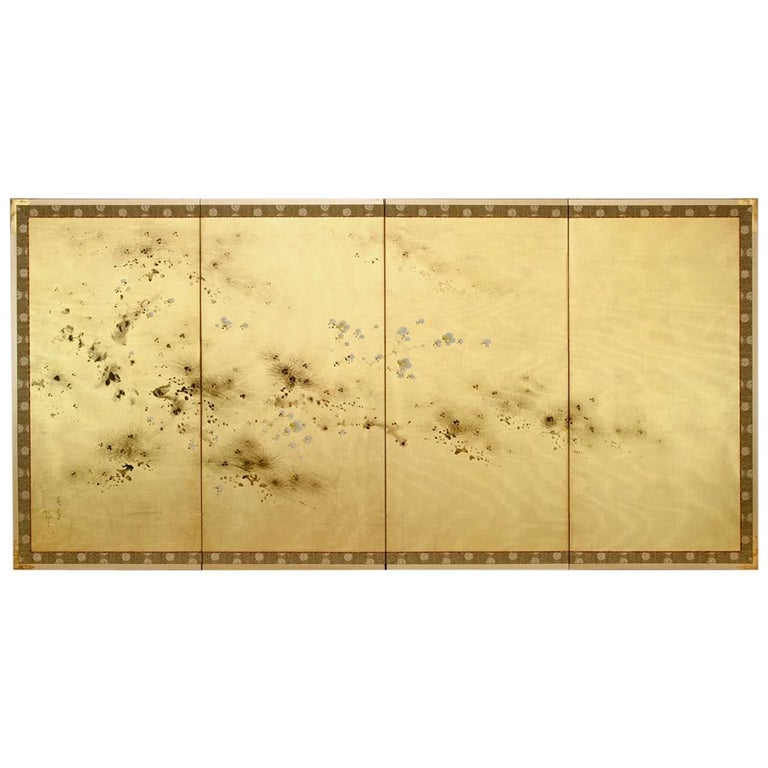 Japanese Four-Panel Cherry Blossom Silk Screen Byobu at 1stDibs