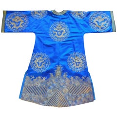 Retro Chinese Blue Silk Gold, Copper and Bronze Embroidered Mandarin Dragon Robe
