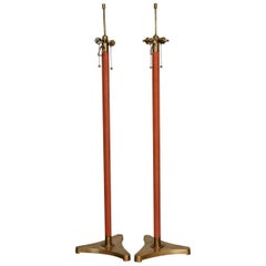 Pair of Jacques Adnet Style Brass and Leather Wrapped Floor Lamps