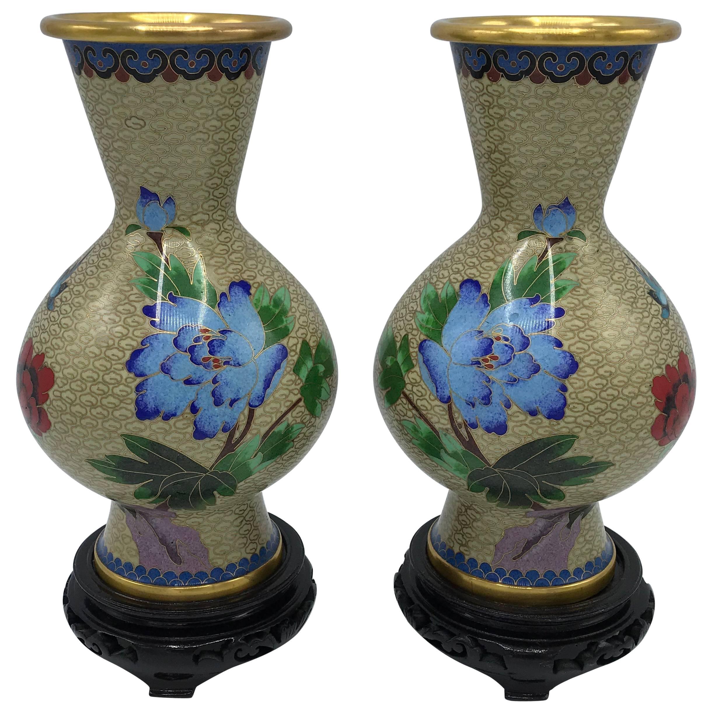 1960s Cloisonné Polychrome Floral Motif Vase on Stand, Pair For Sale