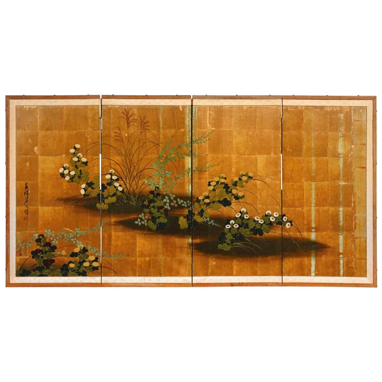 Japanese Four Panel Floral Gold Leaf Byobu Screen