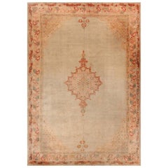 Antique Turkish Oushak Champagne and Salmon with Geometric Medallion, circa 1910