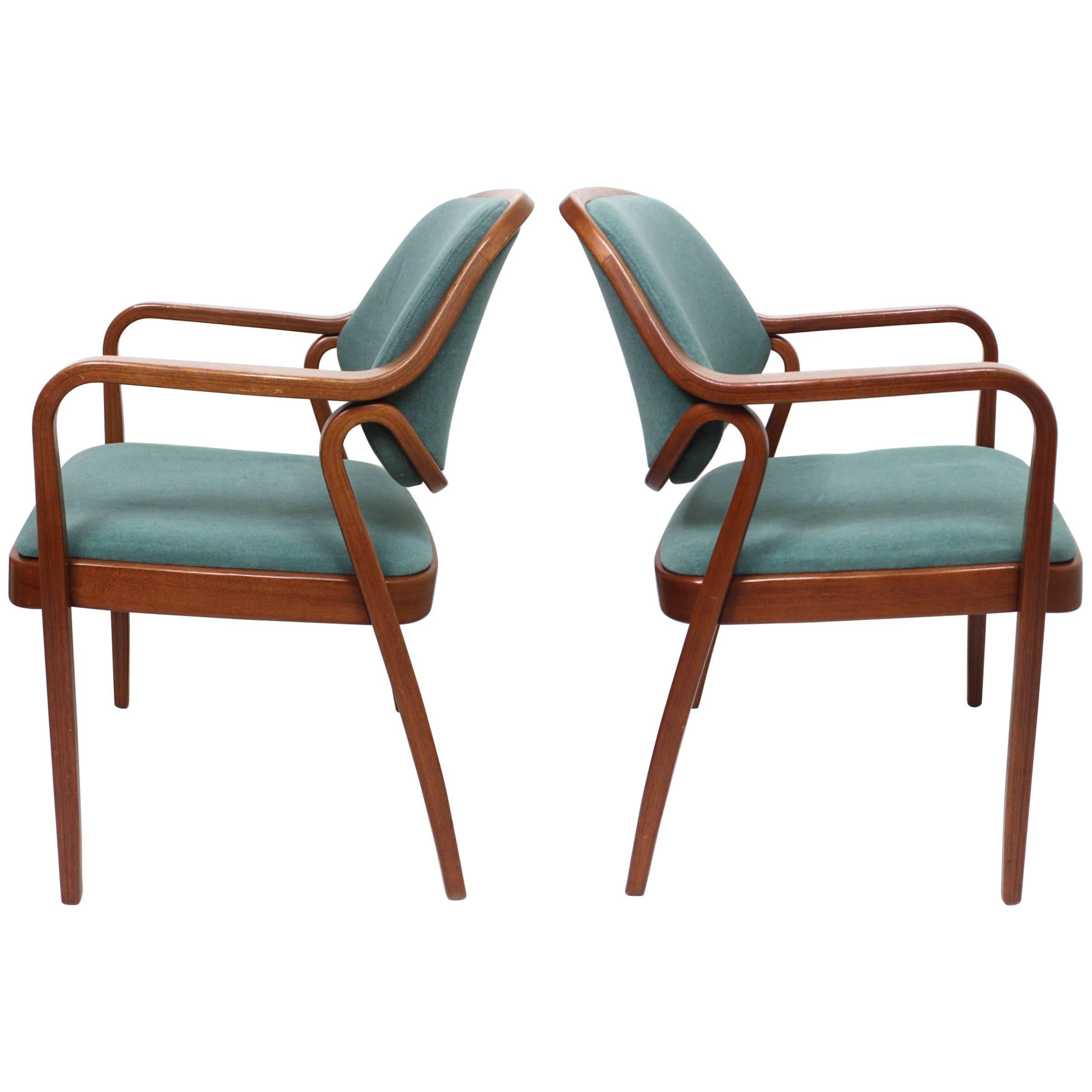 Pair Don Pettit for Knoll Bent Mahogany Wood Arm Chairs at 1stdibs