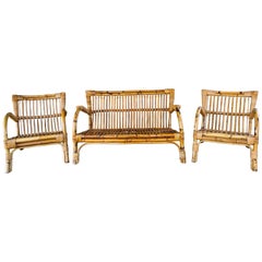 Three Piece Set Mid Century Italian Rattan and Bamboo Chairs and Settee
