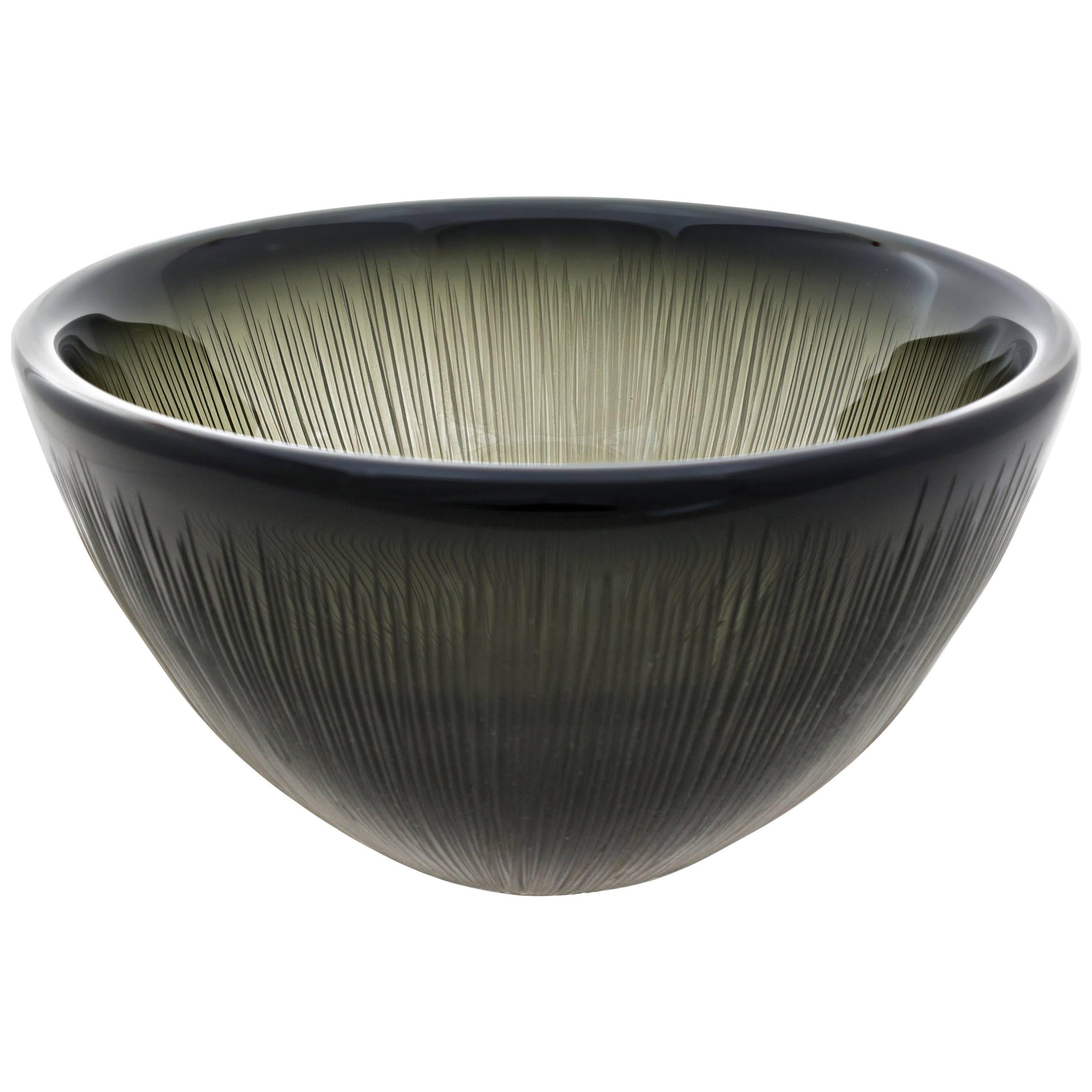 Earth Tone Carved Glass Bowl, Inciso Series by Designer Caleb Siemon