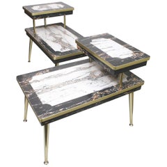 Vintage Pair of Matching Mid-Century Modern Black & White Faux-Marble & Brass End Tables