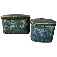 Pair of French 19th Century Blue Papier Mâché Hatboxes