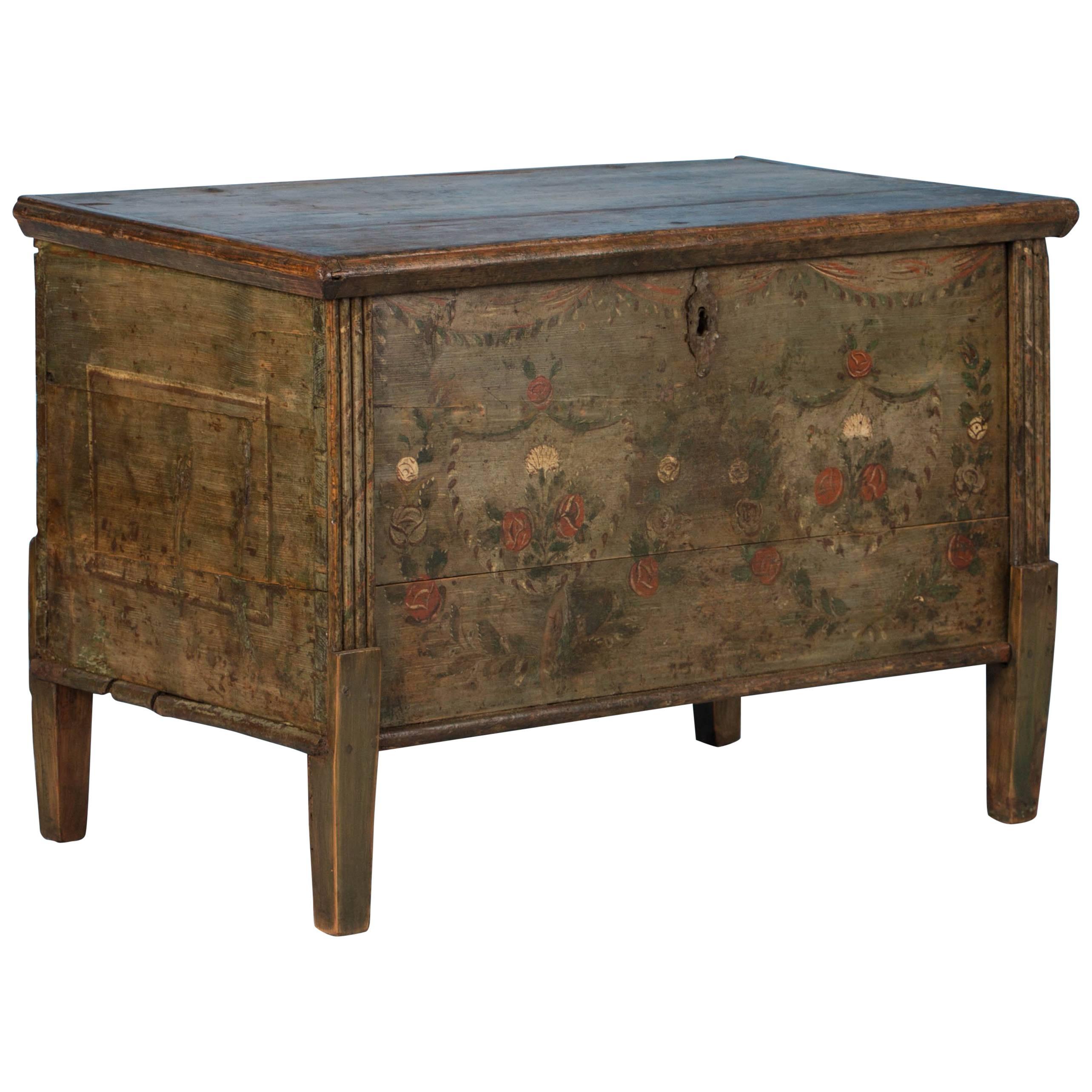 Flat Top Green Trunk with Original Painted Floral Details, circa 1840-1860