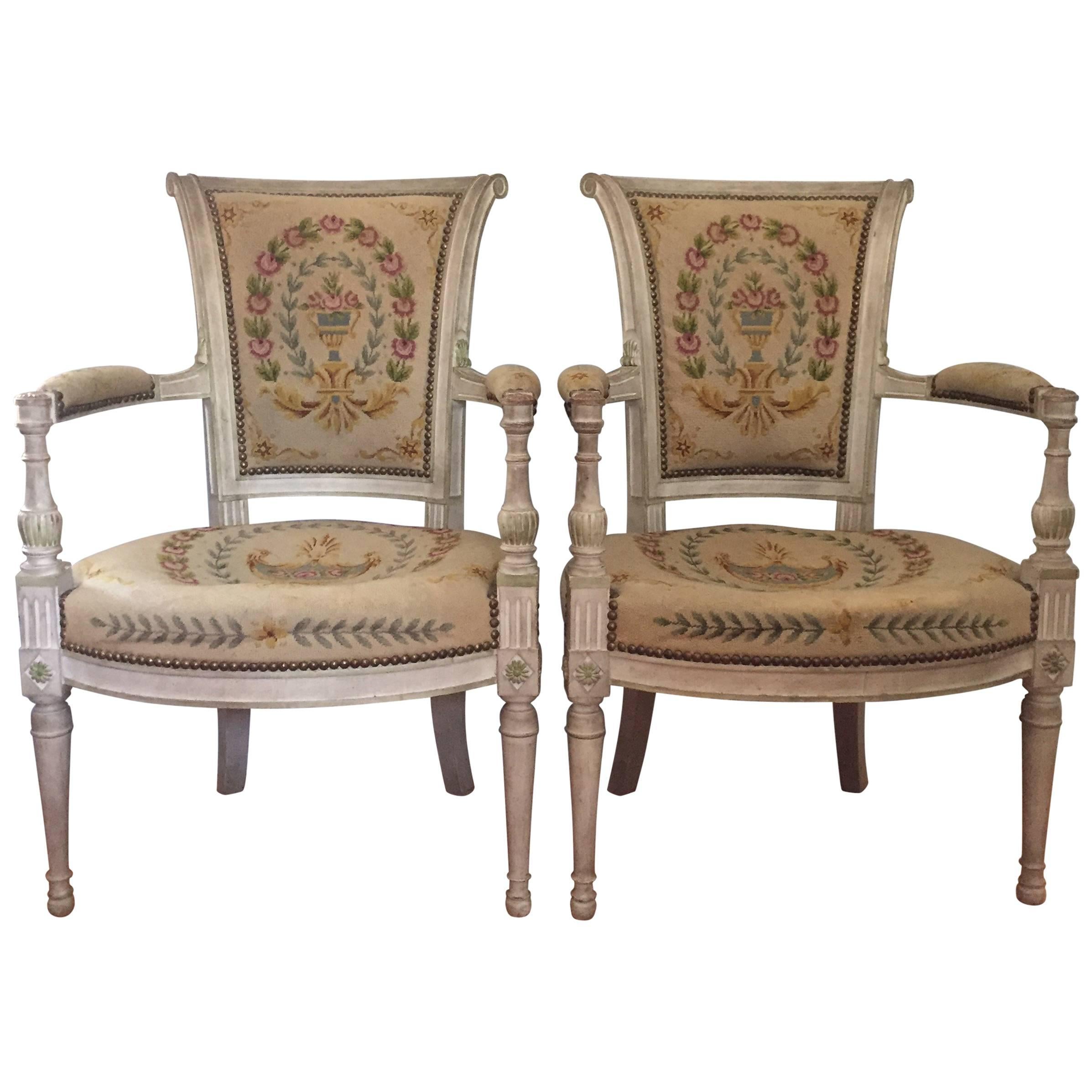 Pair of Directoire Style Fauteuils with Matching Ottoman