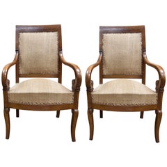 Pair of 19th Century French Empire Style Walnut Armchairs