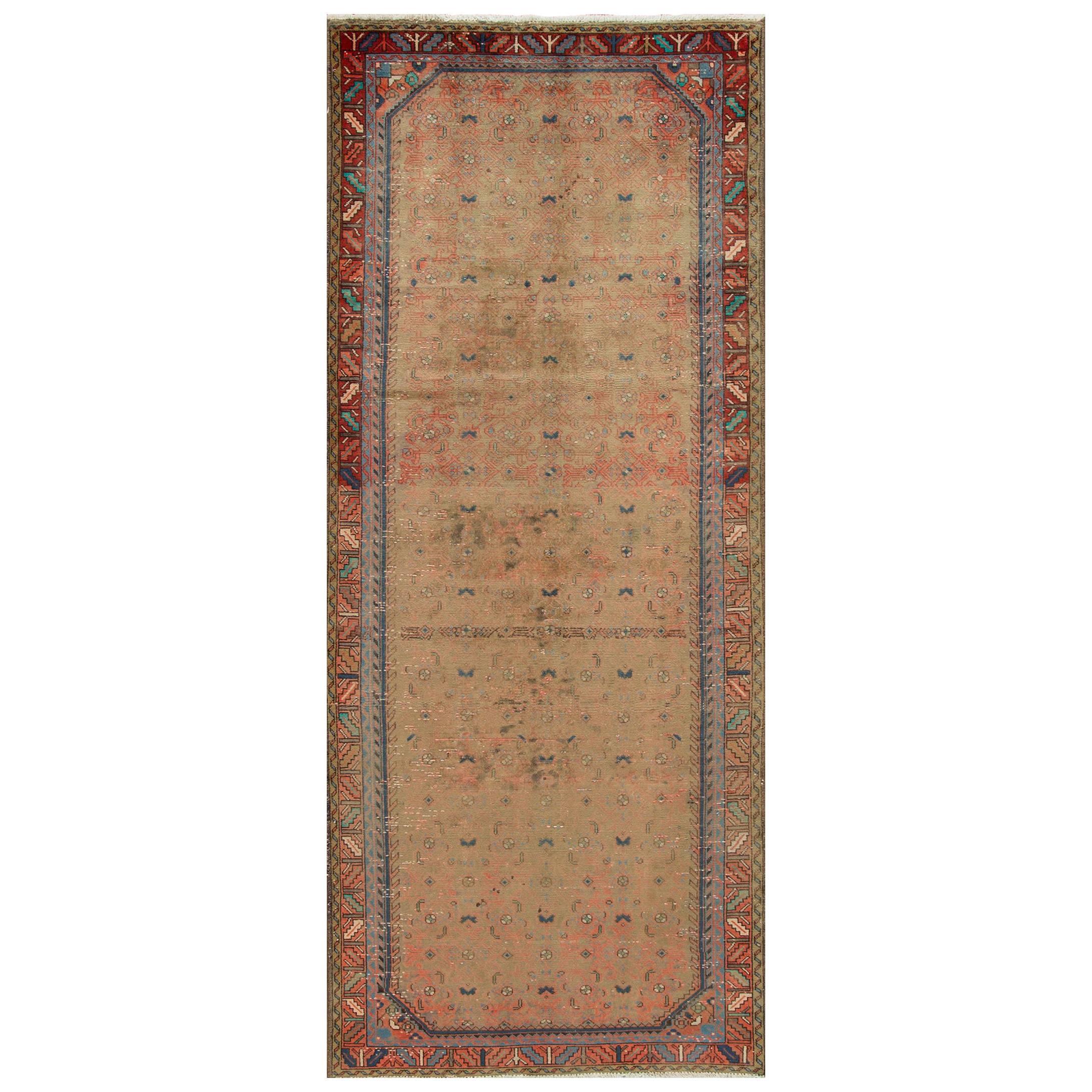 Antique Distressed Beige Persian Hamadan Runner Rug