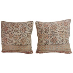 Pair of Antique Indian Kalamkari Hand-Blocked Floral Decorative Pillows