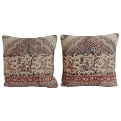 Pair of Antique Indian Kalamkari Hand-Blocked Floral Decorative Pillows