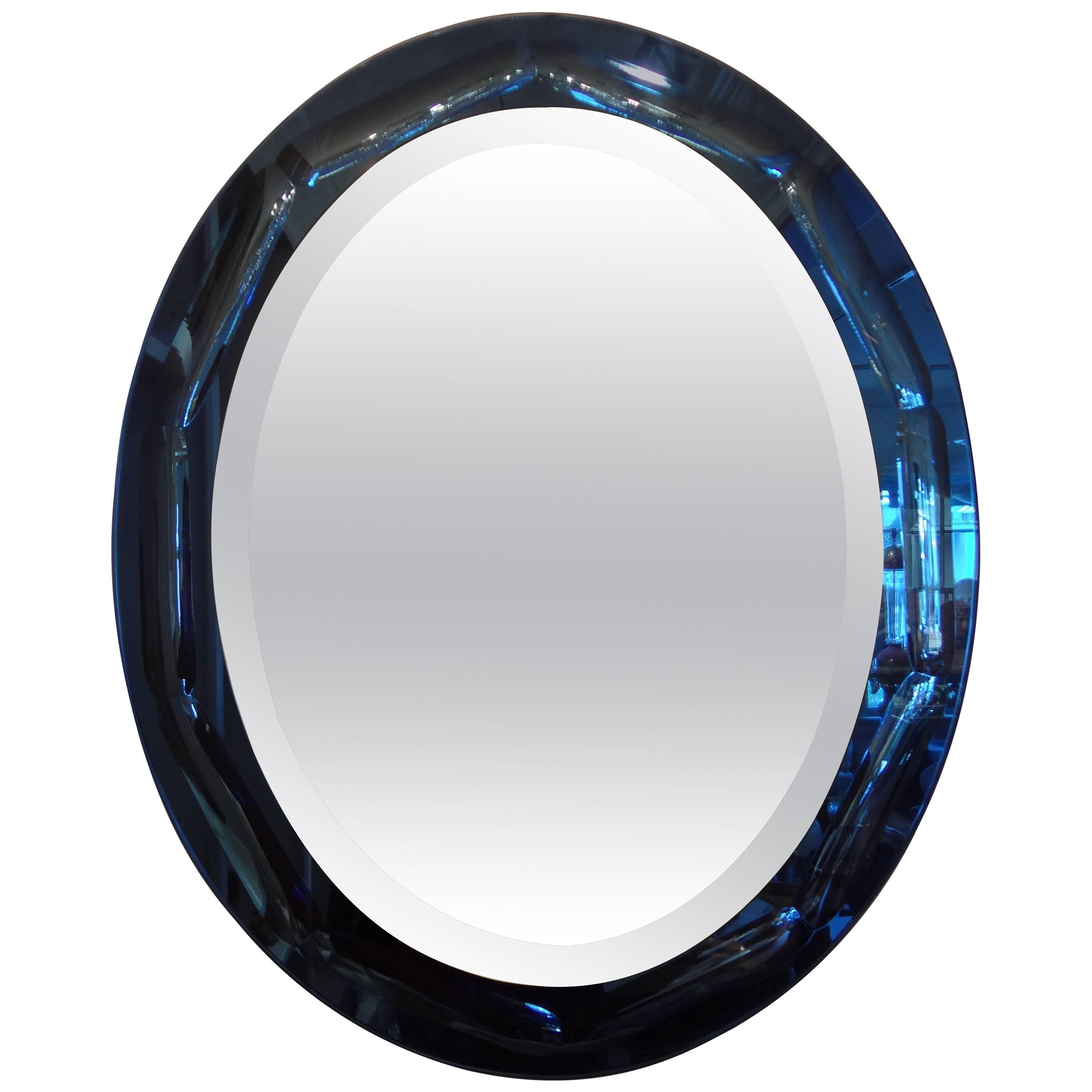 Italian Fontana Arte Style Blue Oval Mirror