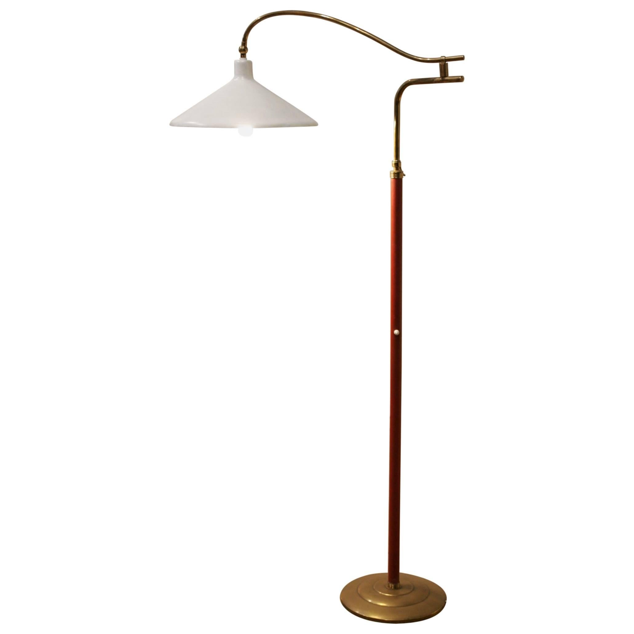 1960 Italian Floor Lamp Made of Leather and Brass For Sale