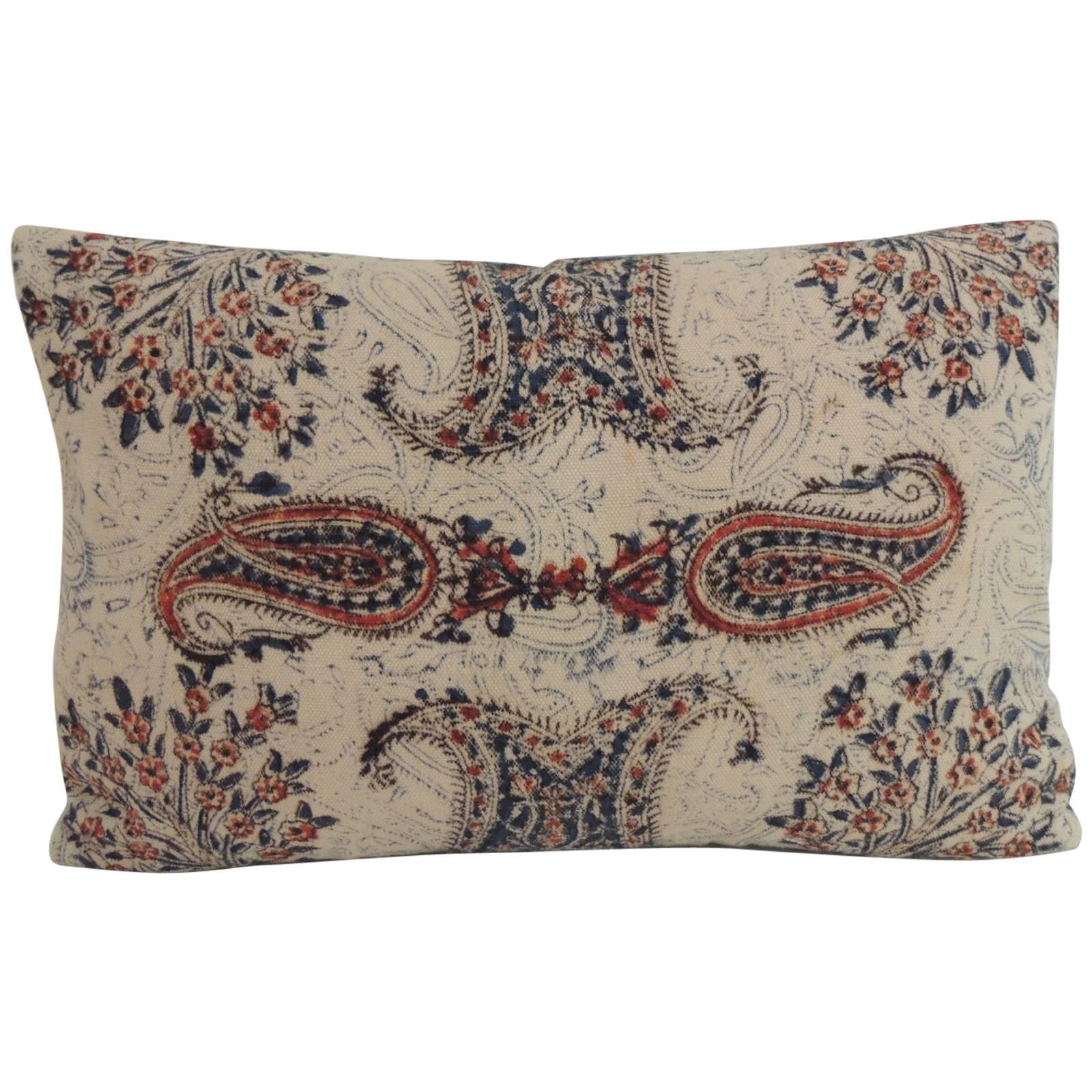 Antique Indian Kalamkari Hand-Blocked Stylized Paisley Decorative Lumbar Pillow