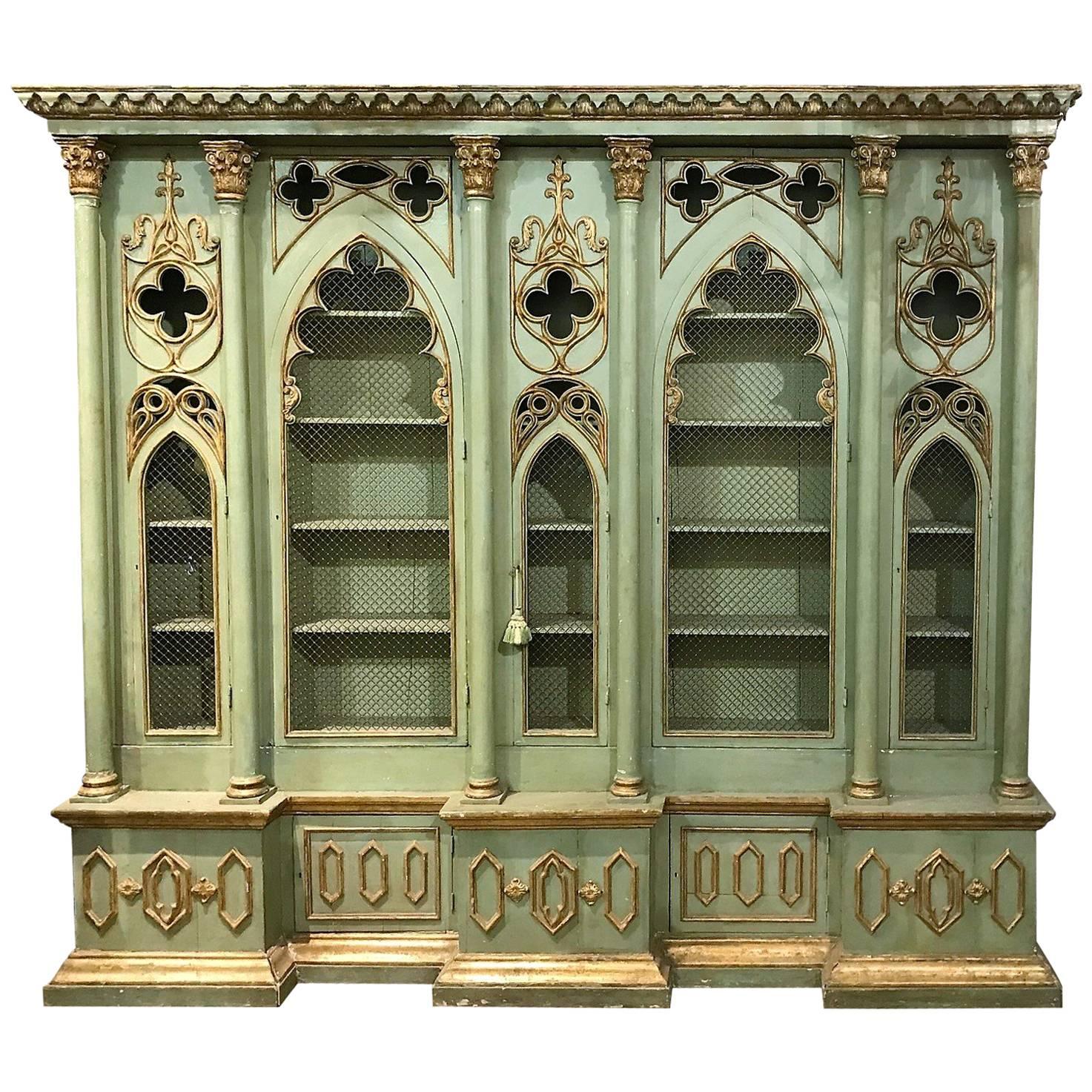 Antique Italian Gothic Revival Cabinet Bookcase