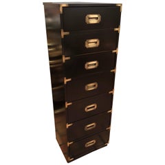 Tall Black Campaign Chest of Drawers with Brass Accents
