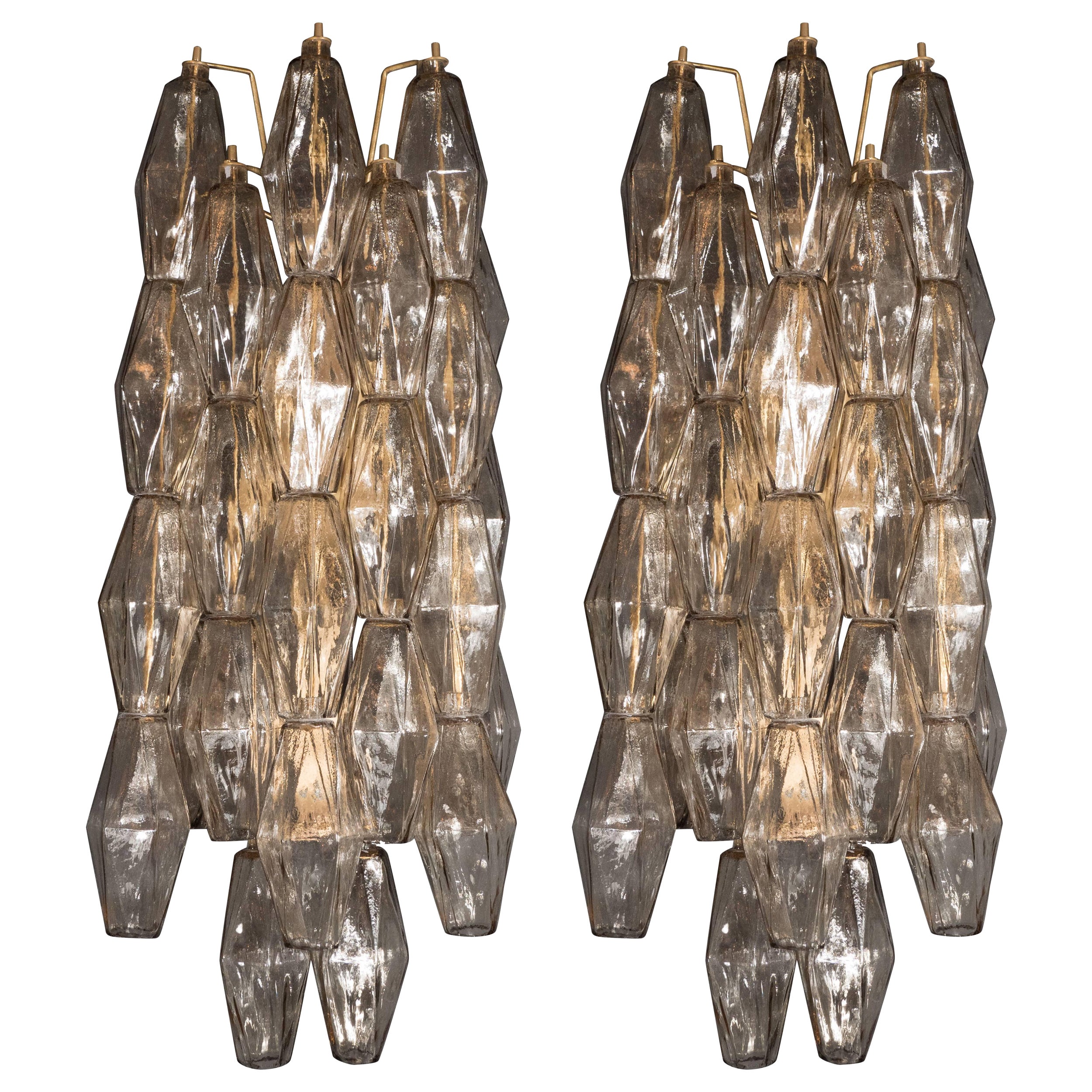 Handblown Murano Glass Smoked Glass Polyhedral Sconces with Brass Fittings