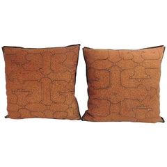 Pair of Graphic Tribal Peruvian Textile in Orange and Black Decorative Pillows