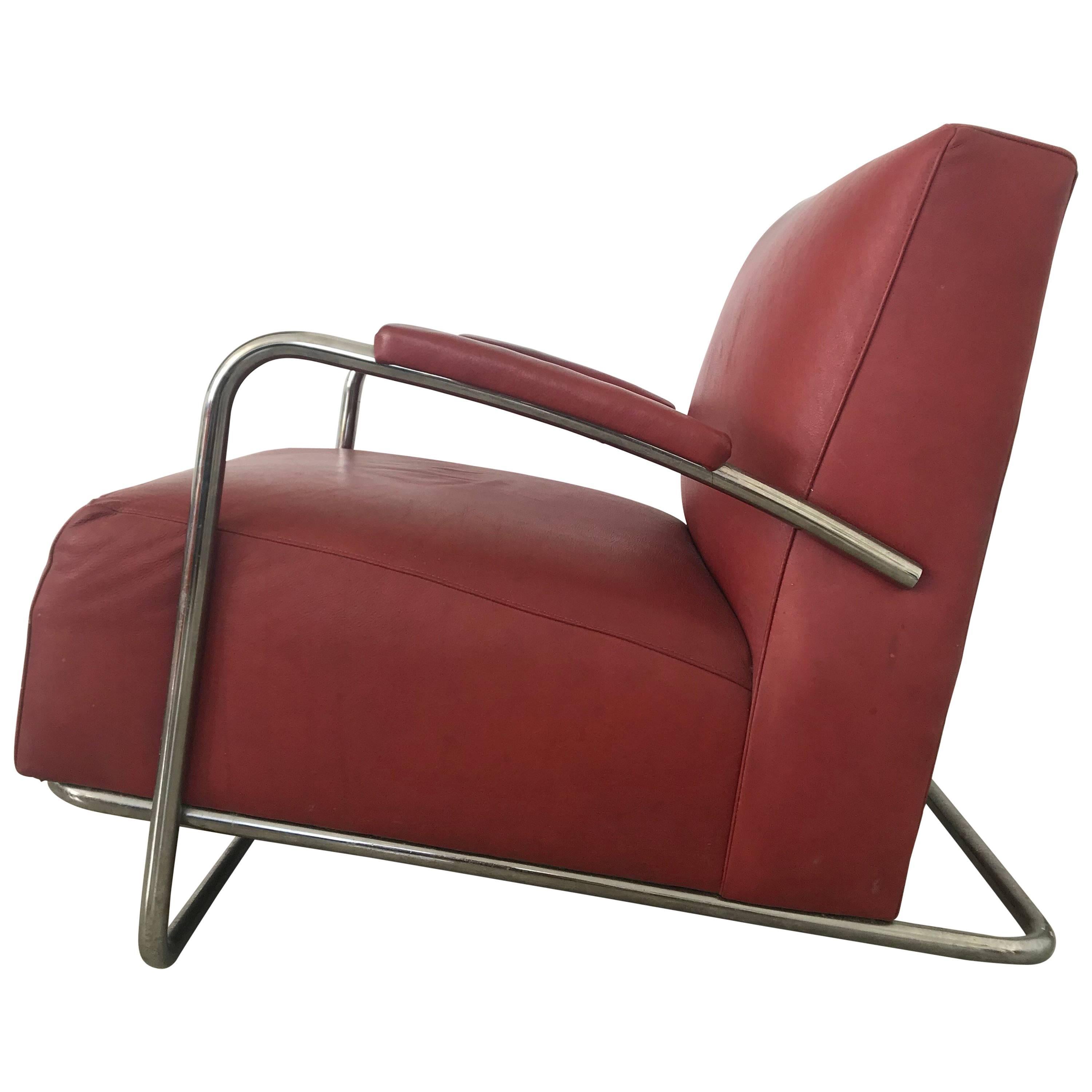 Art Deco Tubular Chrome and Red Leather Chair