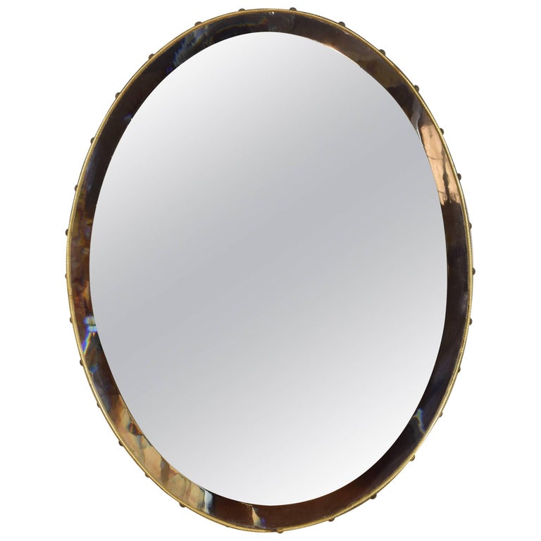 Italian Mid20th Century Brass Framed Oval Mirror with Bevelled Mirror