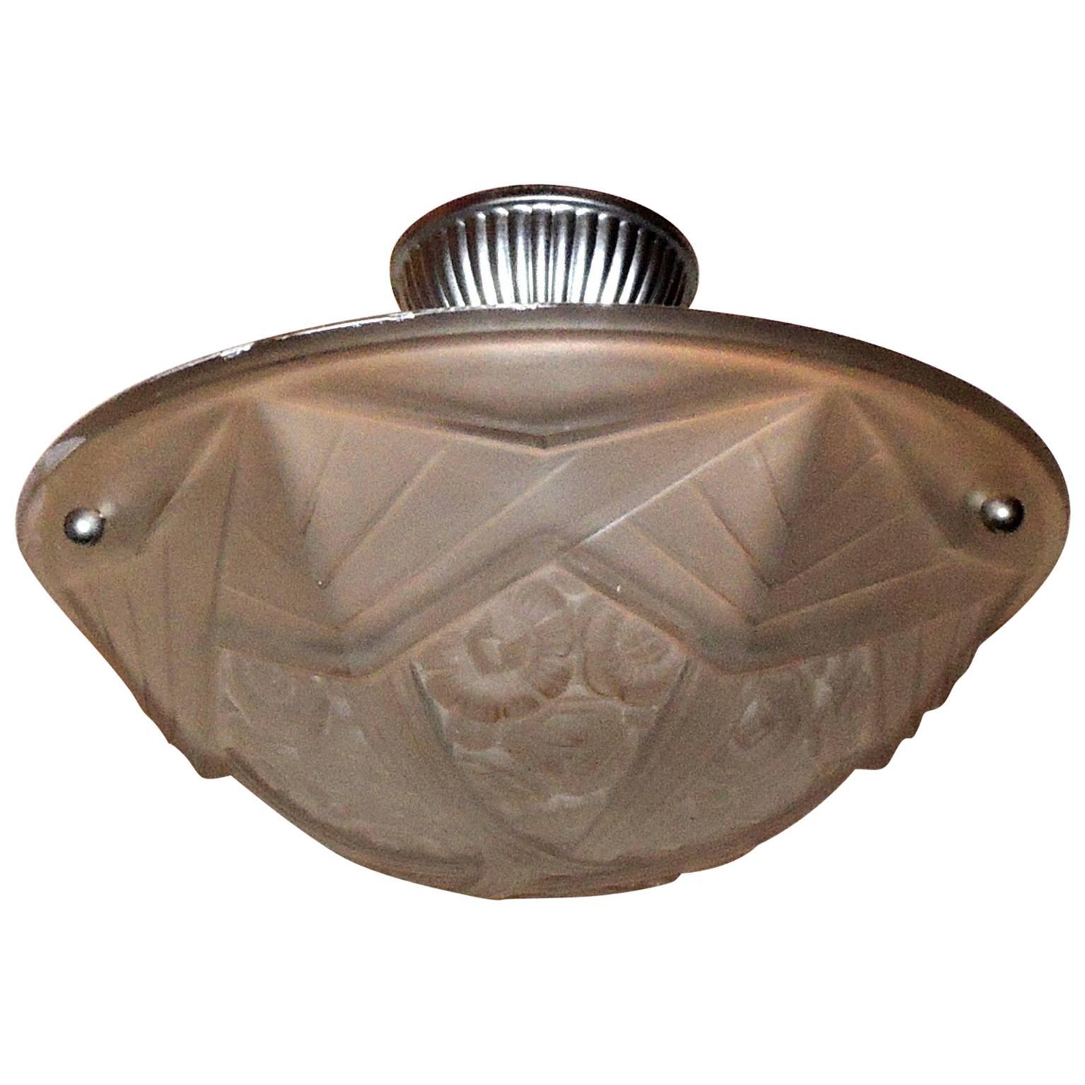 French Art Deco Frosted Glass Pendent Semi Flush Three-Light Gilt Fixture
