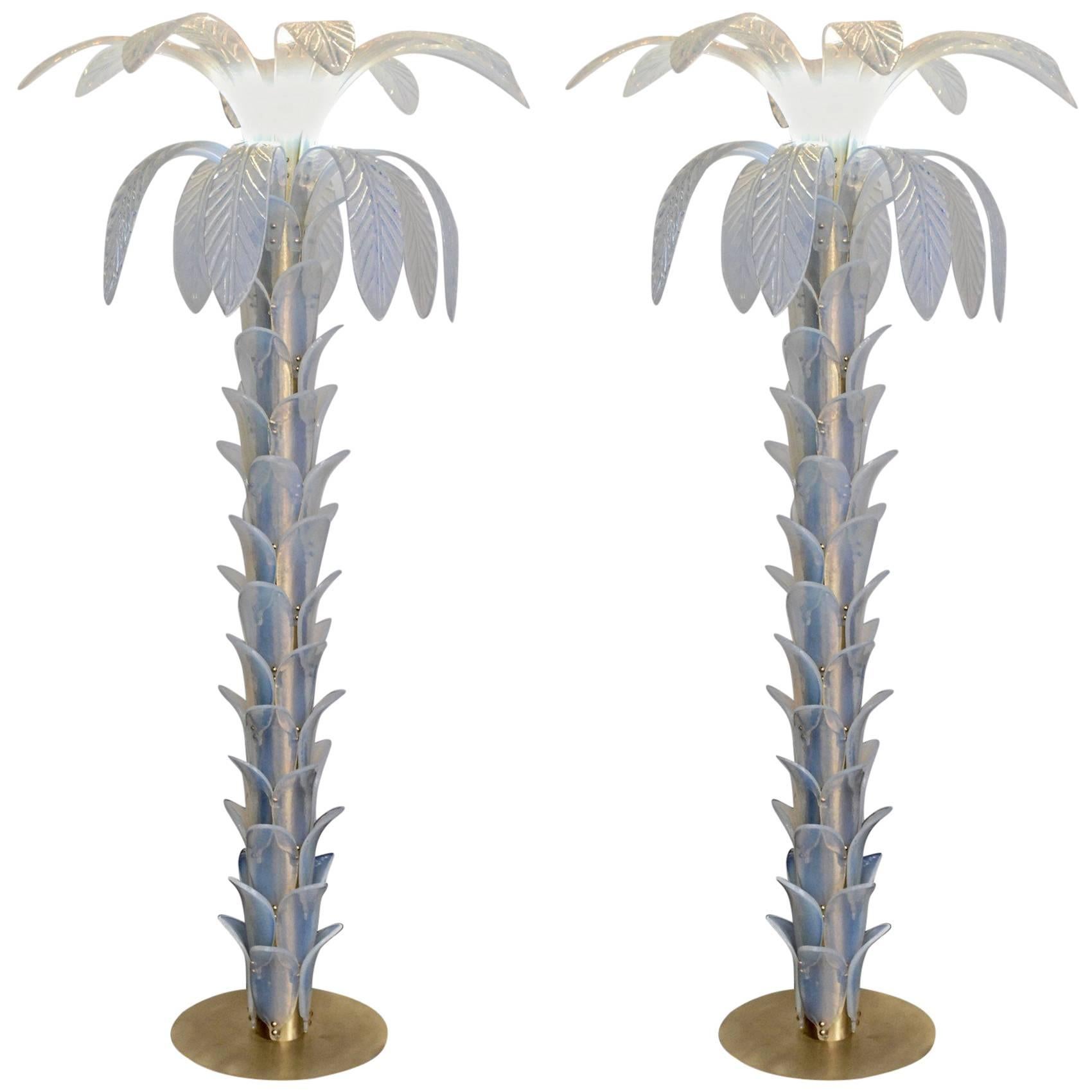 Two Opaline Palm Lamp, Murano, Eight Long Leaves, 52 Stem Elements, 1990s