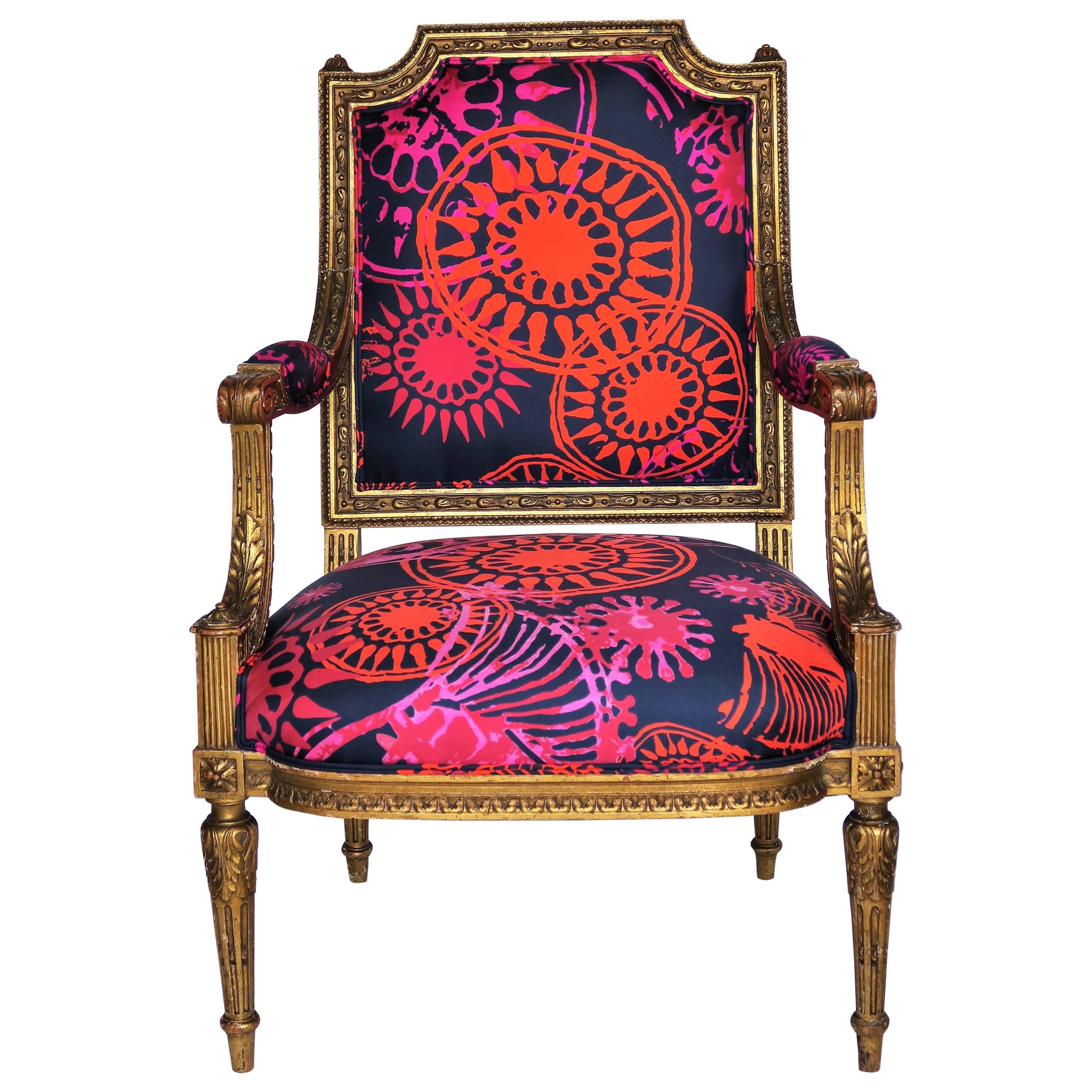 Louis XVI Style Gilded Armchair in Hand-Painted Italian Silk Fabric