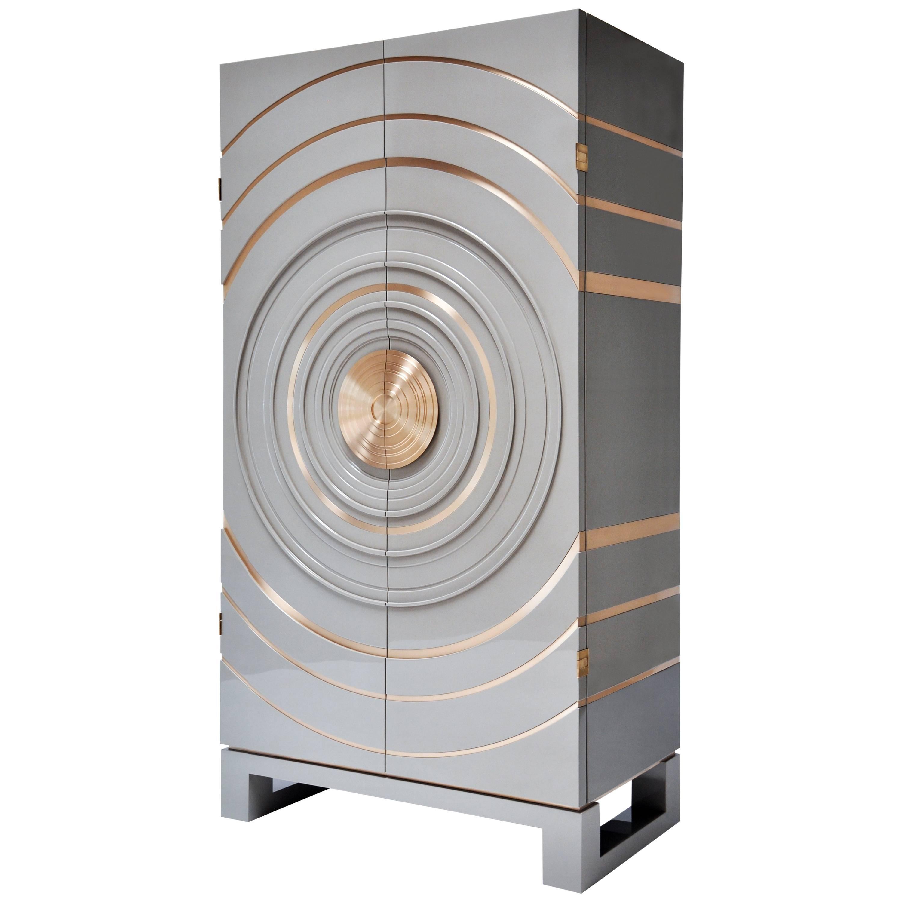 Arc Cabinet in Grey Lacquer and Bronze by Newell Design For Sale