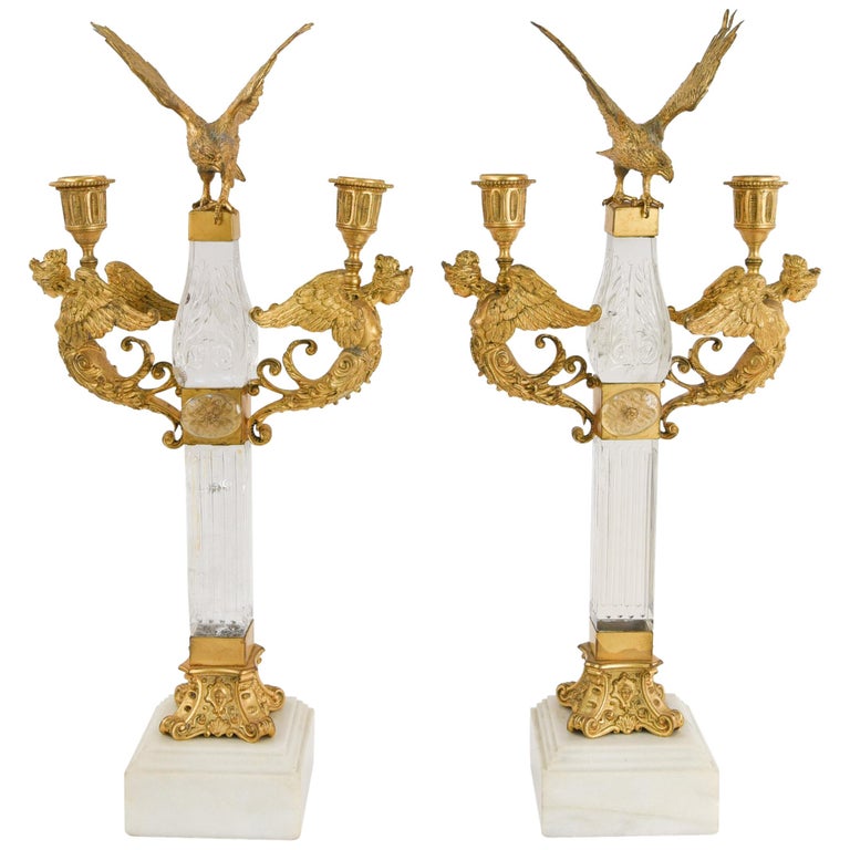 Rock Crystal and Ormolu French Eagle Candelabra For Sale