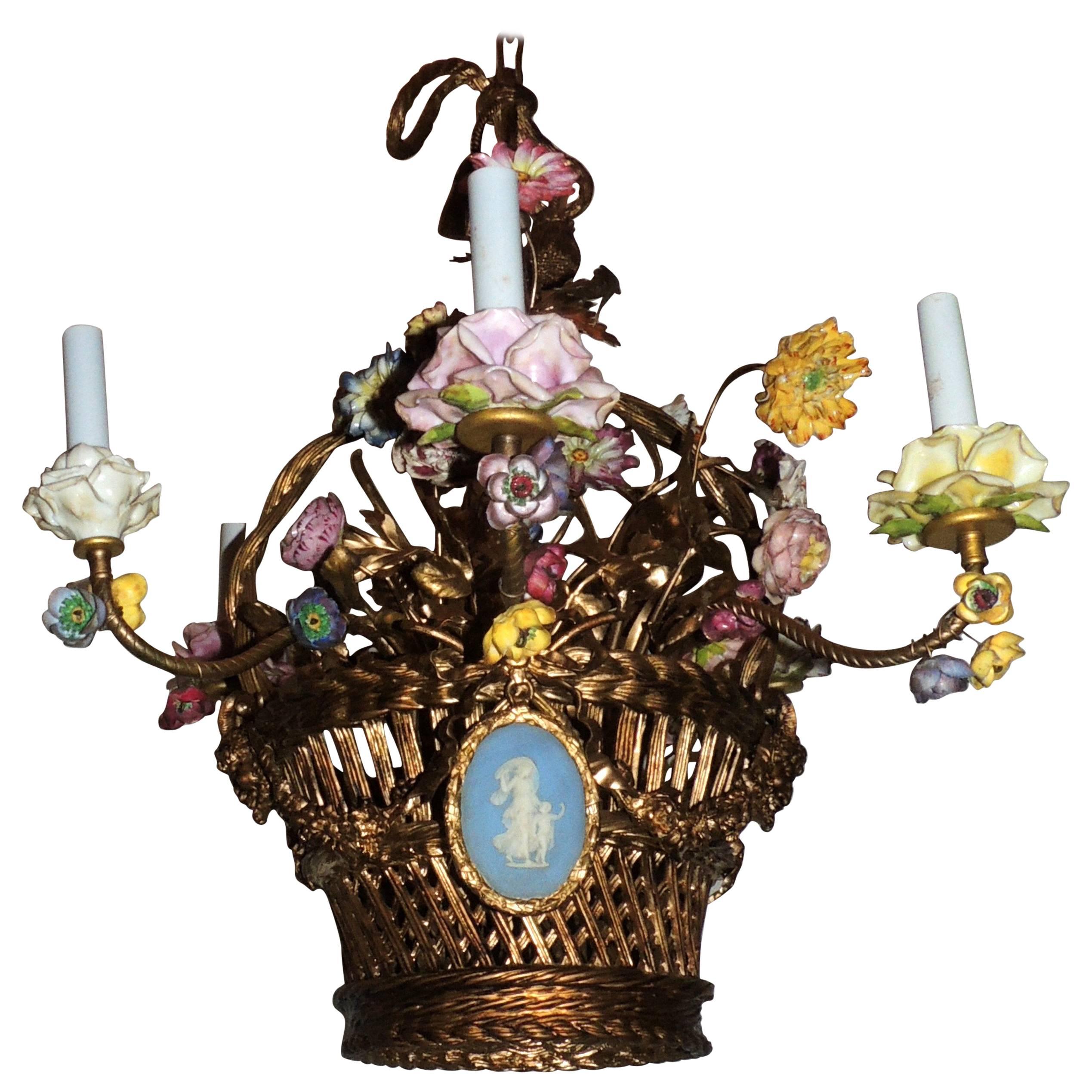 Wonderful French Bronze Porcelain Flower Woven Basket Wedgwood Ormolu Chandelier