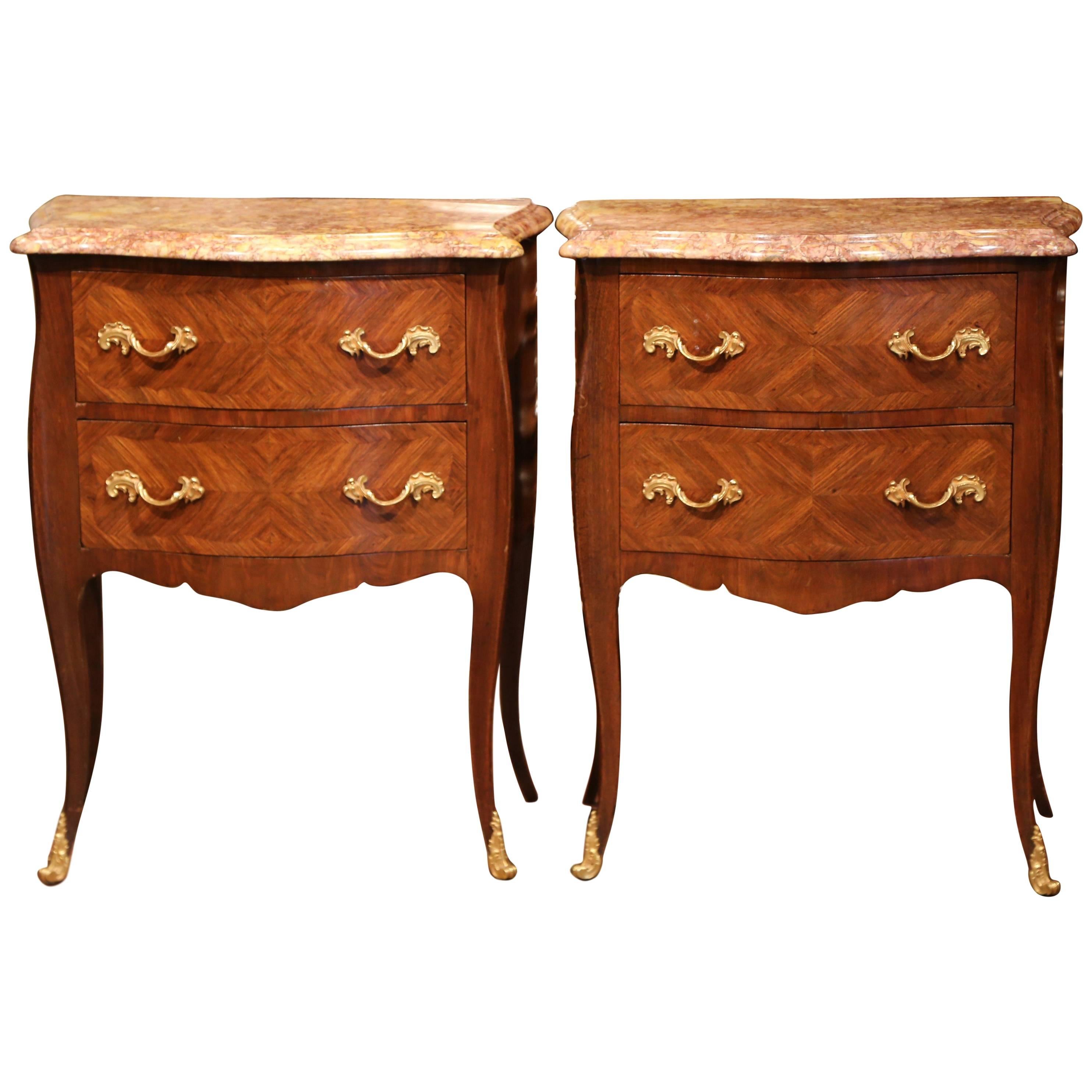 Pair of Early 20th Century Louis XV Bombe Commodes Nightstands with Marble Top