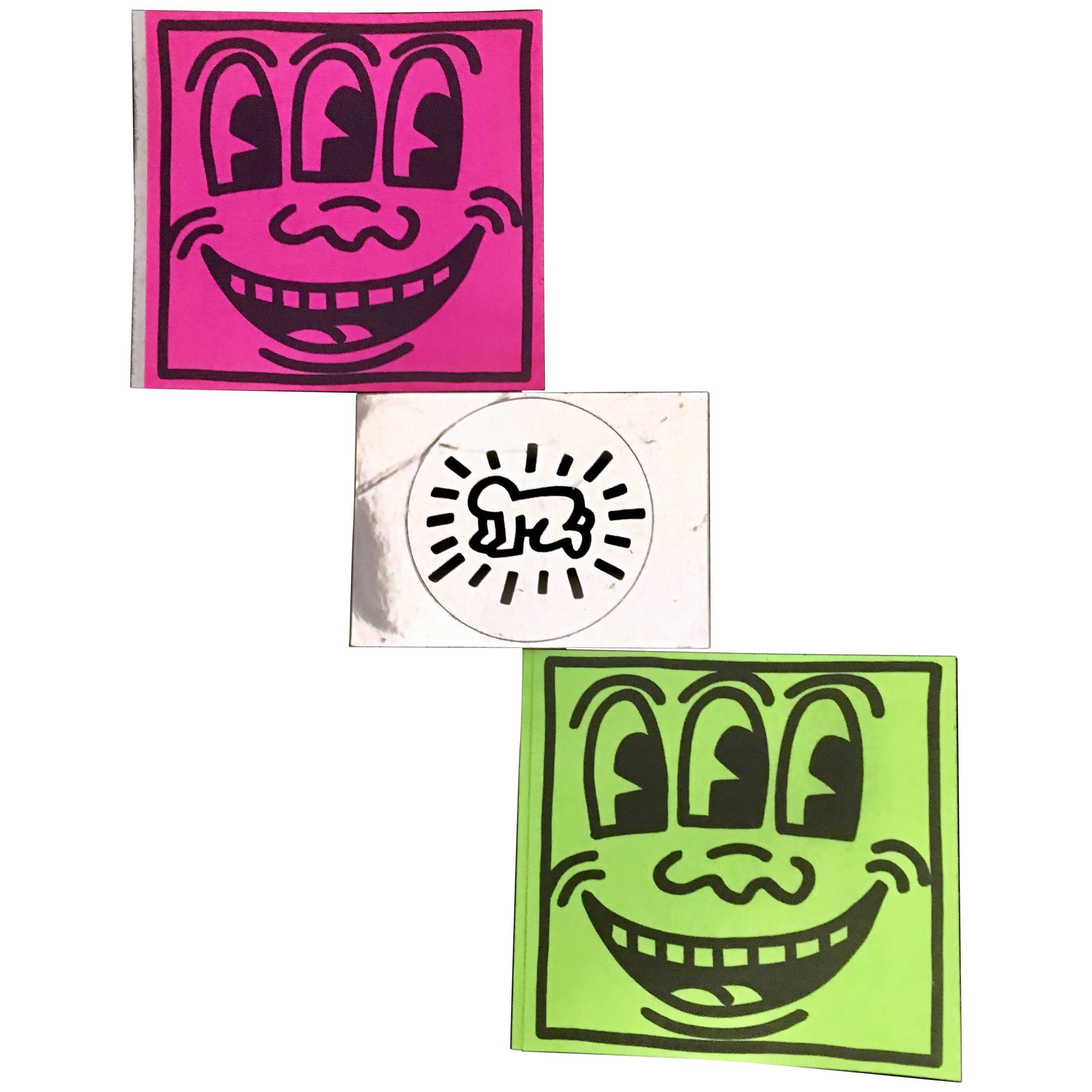 Keith Haring Pop Shop Neon Pink and Green Three Eyed Smiling Stickers c.1986