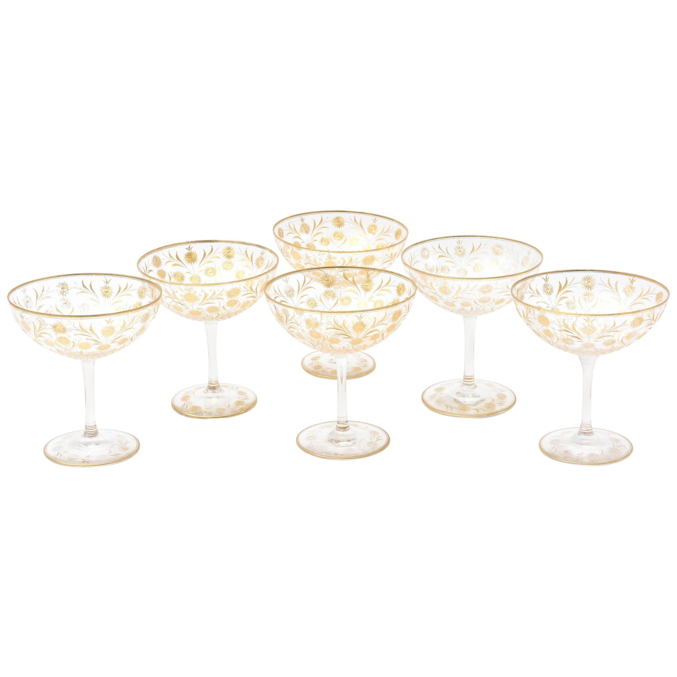 6 Antique Champagne Coupes, 19th Century Moser, Wheel Cut and Hand Gilded