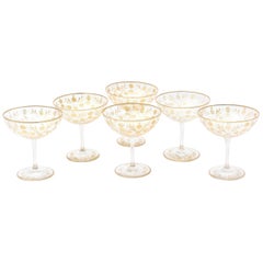 6 Antique Champagne Coupes, 19th Century Moser, Wheel Cut and Hand Gilded