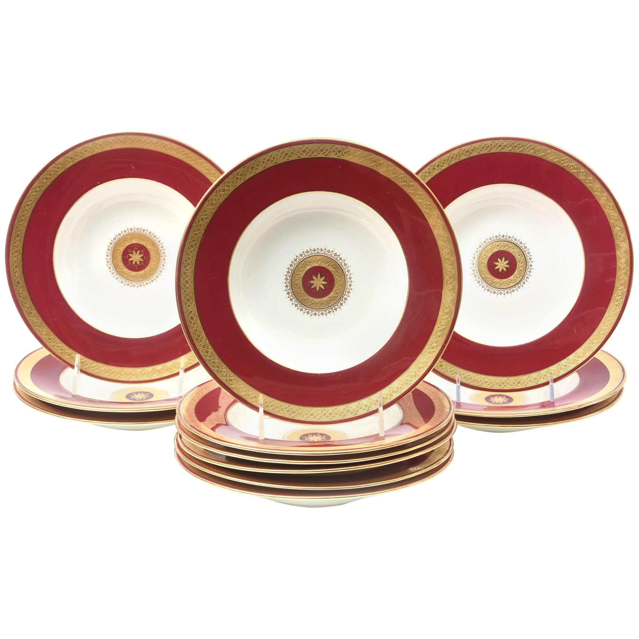 12 Custom for Tiffany, Rich Ruby Gilt Encrusted Medallion Rimmed Soup Bowls