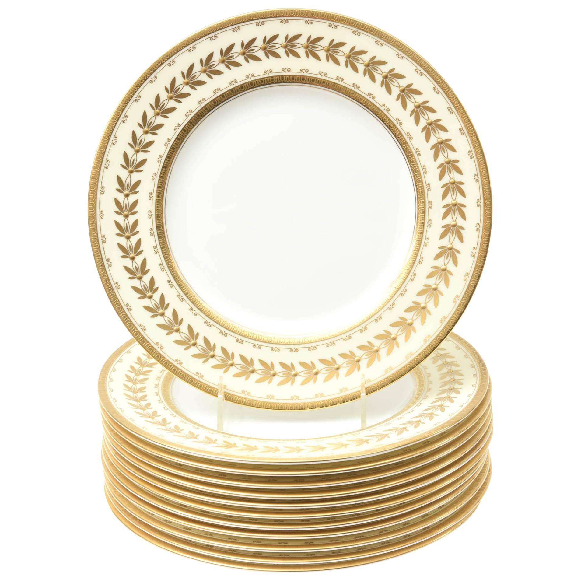 12 Dinner Plates, Custom for Tiffany, Antique with Raised Gold