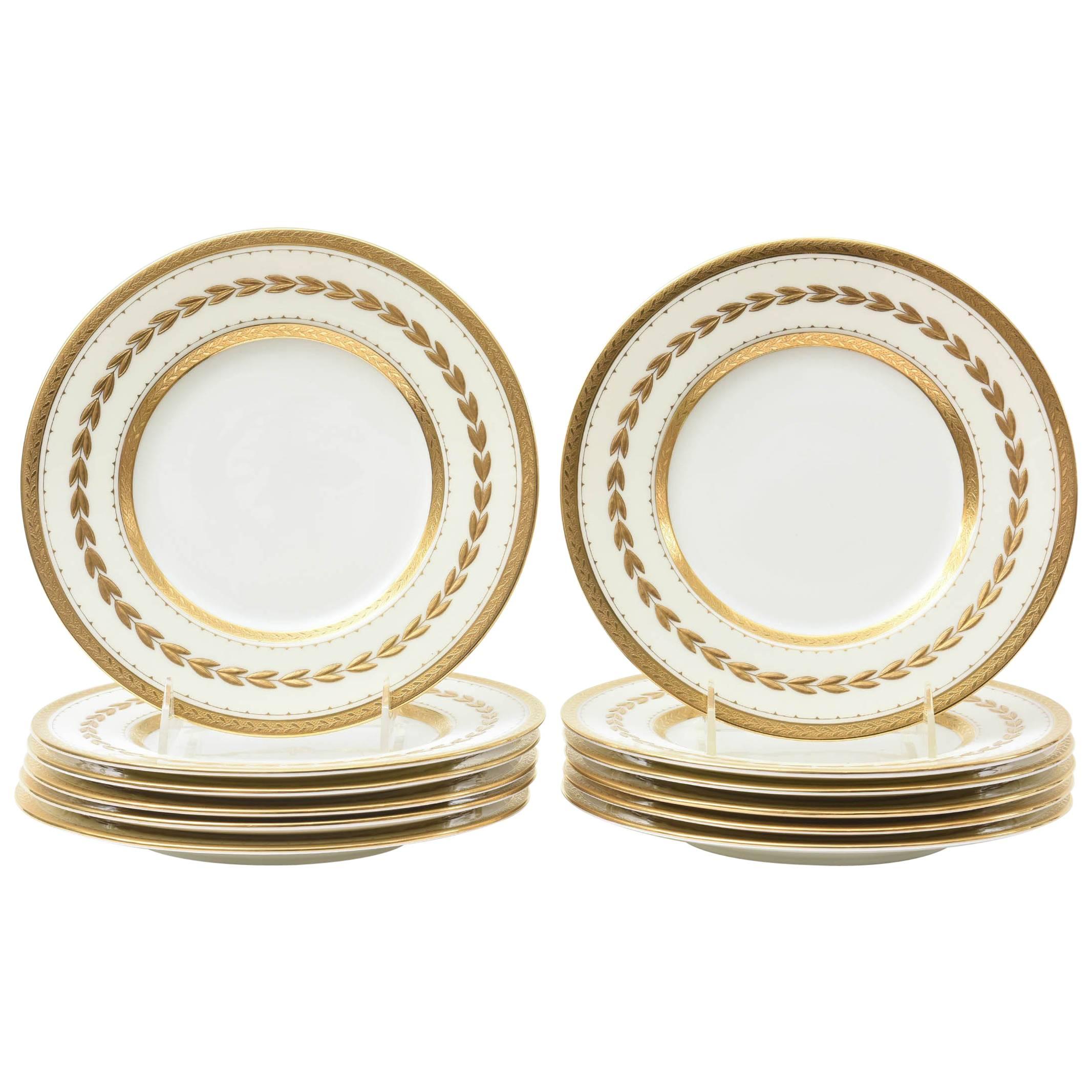 12 Tiffany Heavy Raised Gold Dessert or Salad Porcelain Plates, Antique English