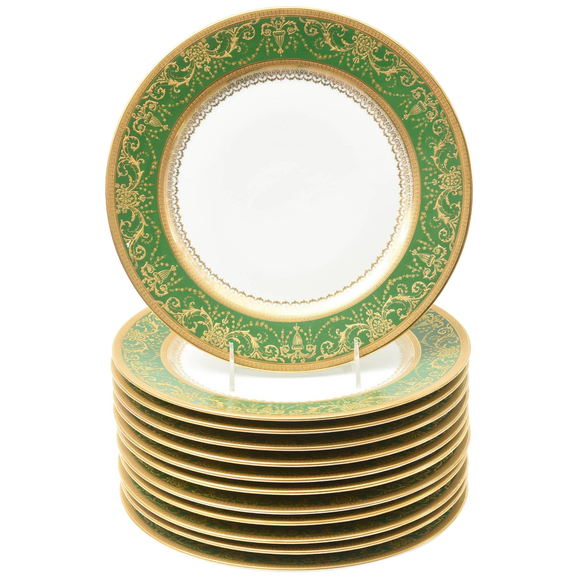 12 Antique French Rich Green and Heavily Gilded Dinner Plates, Oversized