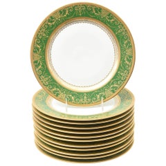 12 Antique French Rich Green and Heavily Gilded Dinner Plates, Oversized