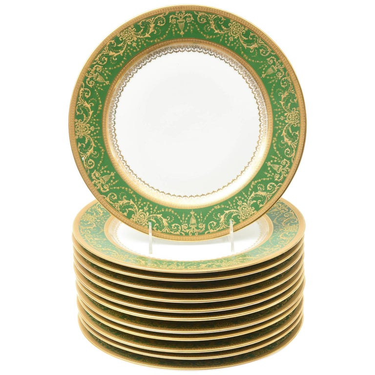12 Antique French Rich Green and Heavily Gilded Dinner Plates